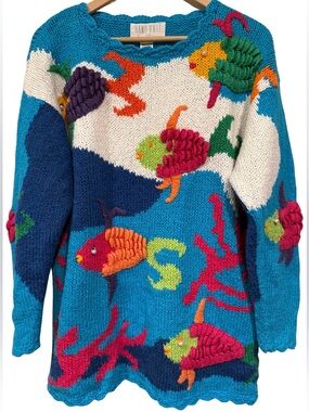 Hand Knit For The Limited Vintage 1990s Ramie Cotton Fish Sweater Novelty M/L